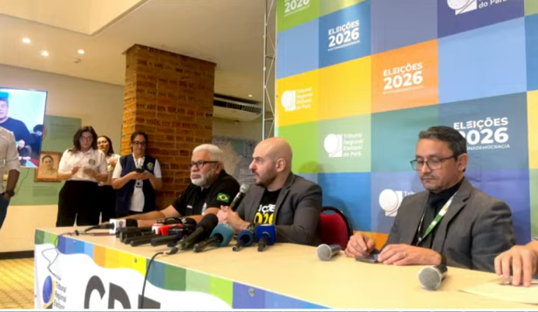 Coletiva de imprensa realizada neste domingo (4), no Centro de Divulgação das Eleições (CDE), do Tribunal Regional Eleitoral do Pará (TRE-PA), em Belém